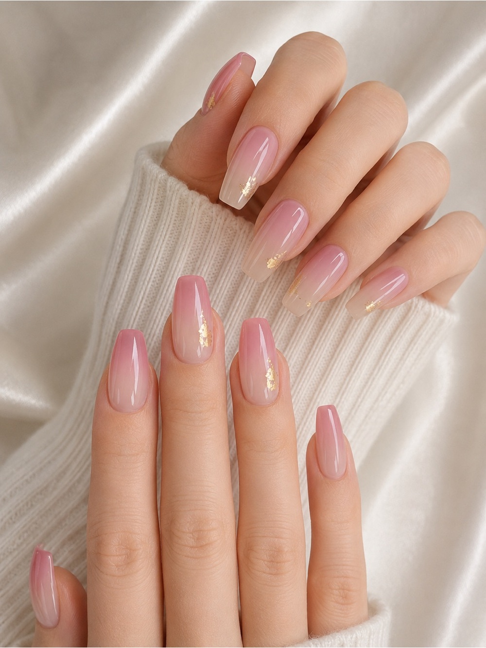 XINLING Pink Ombré Press-On Nails Gold Accent 12pc Long Coffin Nails